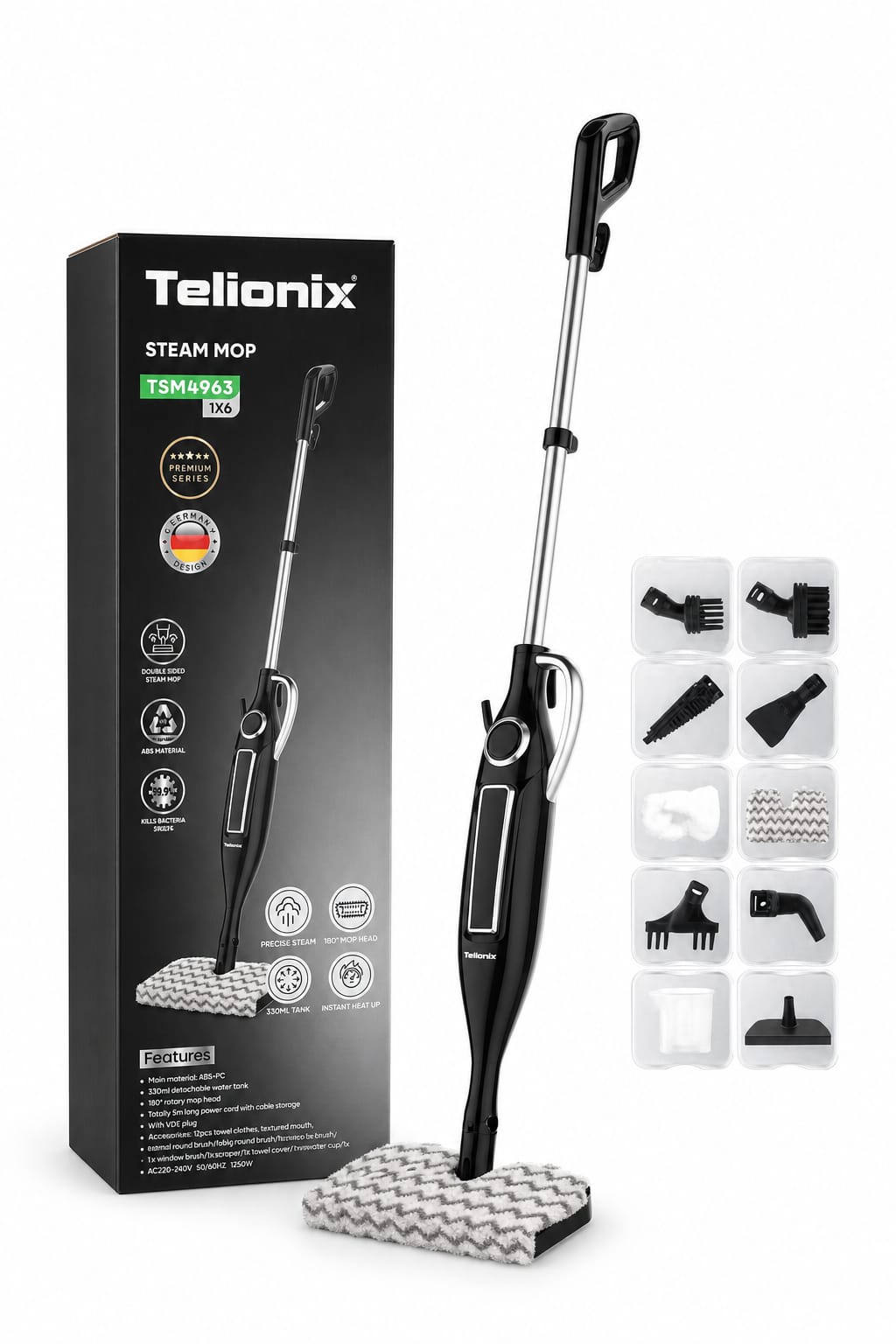 6a916733-9467-4f8c-a372-68e7a1fd8fe8.png ممسحة بخار عمودية Telionix TSM4963 بقدرة 1250 واط ورأس دوّار 180 درجة - الصورة 1