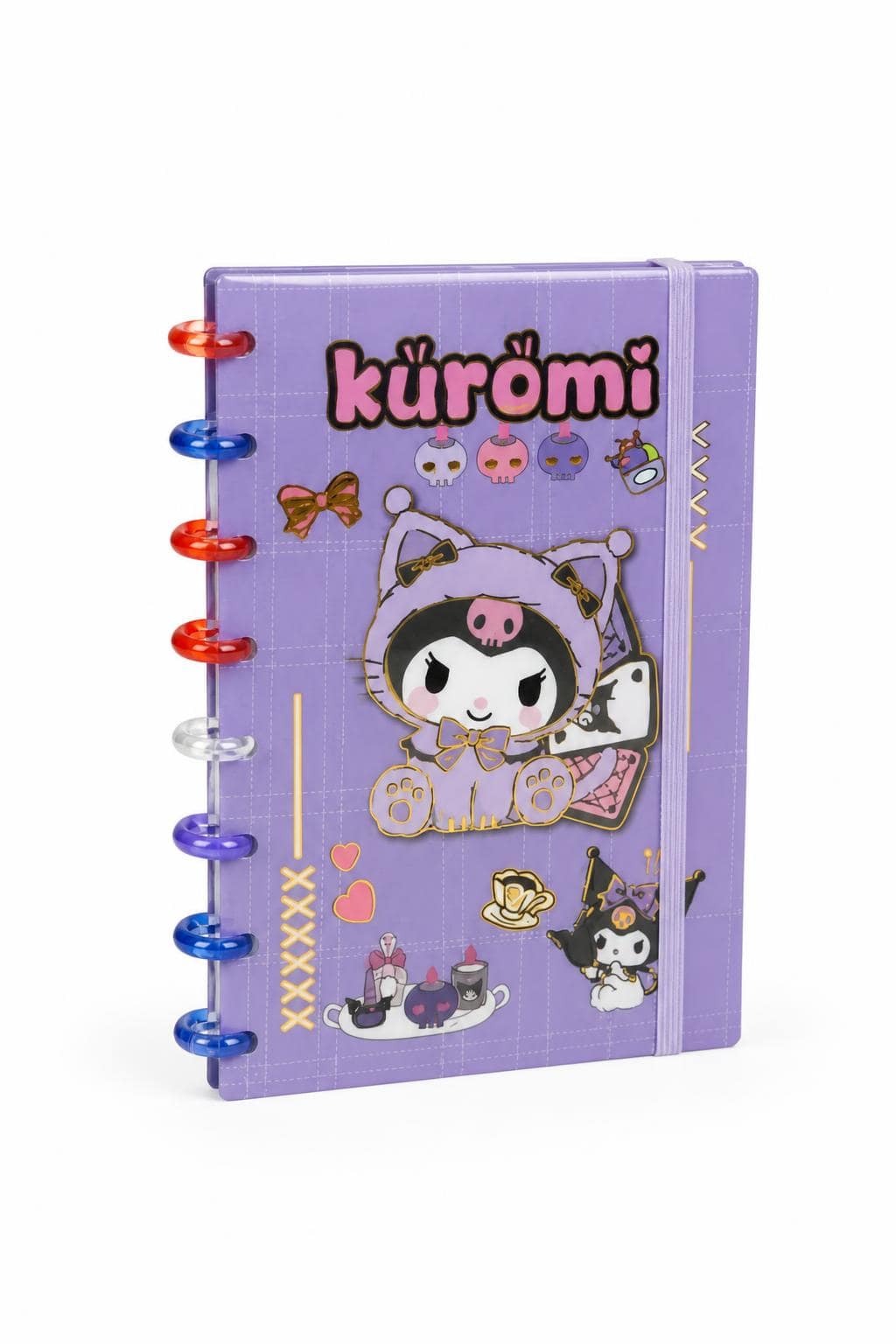 abb6819c-8892-4d5c-b7d3-6171a352f2ee-1.jpg دفتر ذكريات Kuromi بنفسجي بسلك ملون ومطاطة - موديل 14172 - الصورة 1