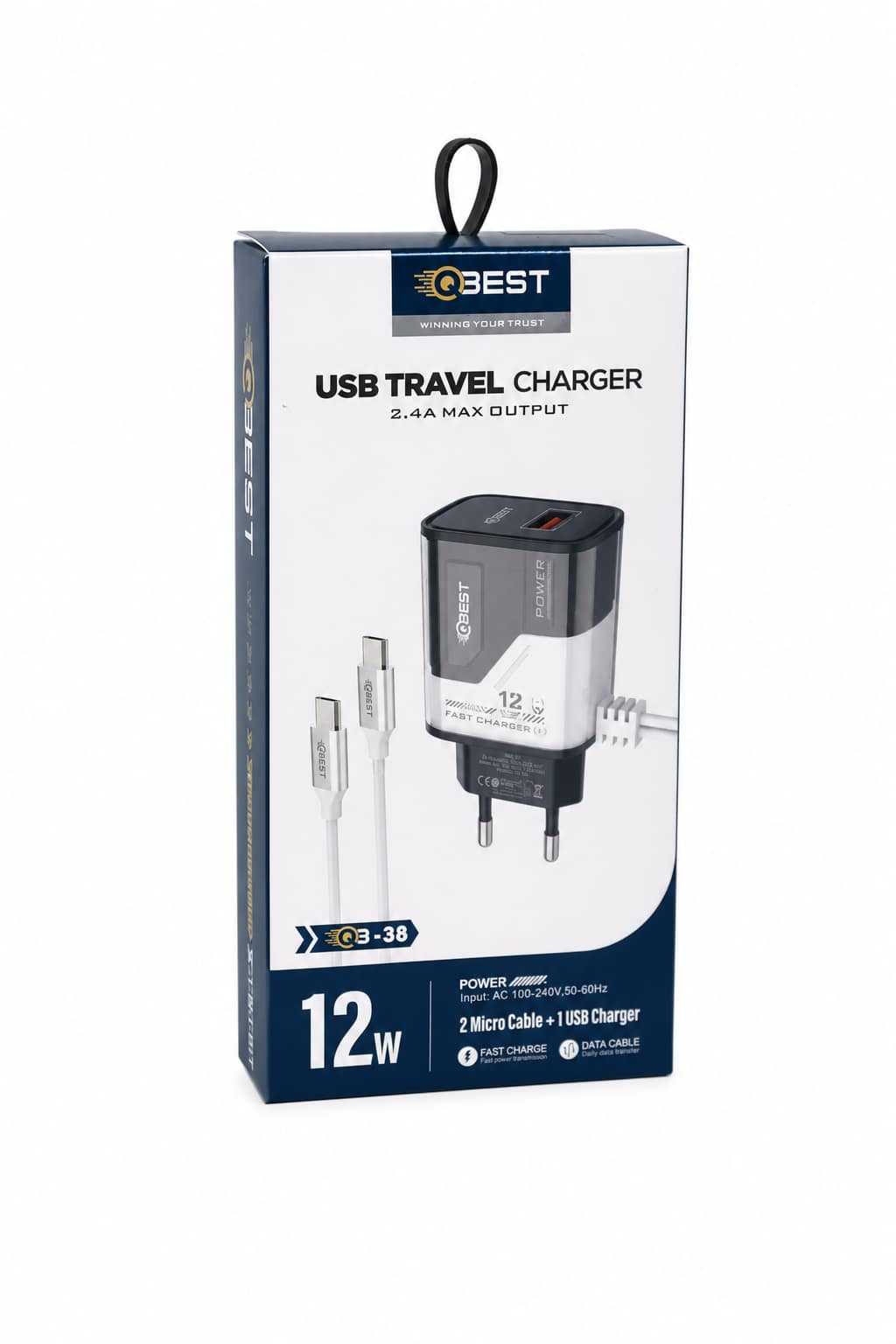 e36cb54b-2d14-492b-a47e-11841d1bc7e2.png شاحن USB QBest 12 واط مع دارة حماية وكابلين Micro QB38 - الصورة 1