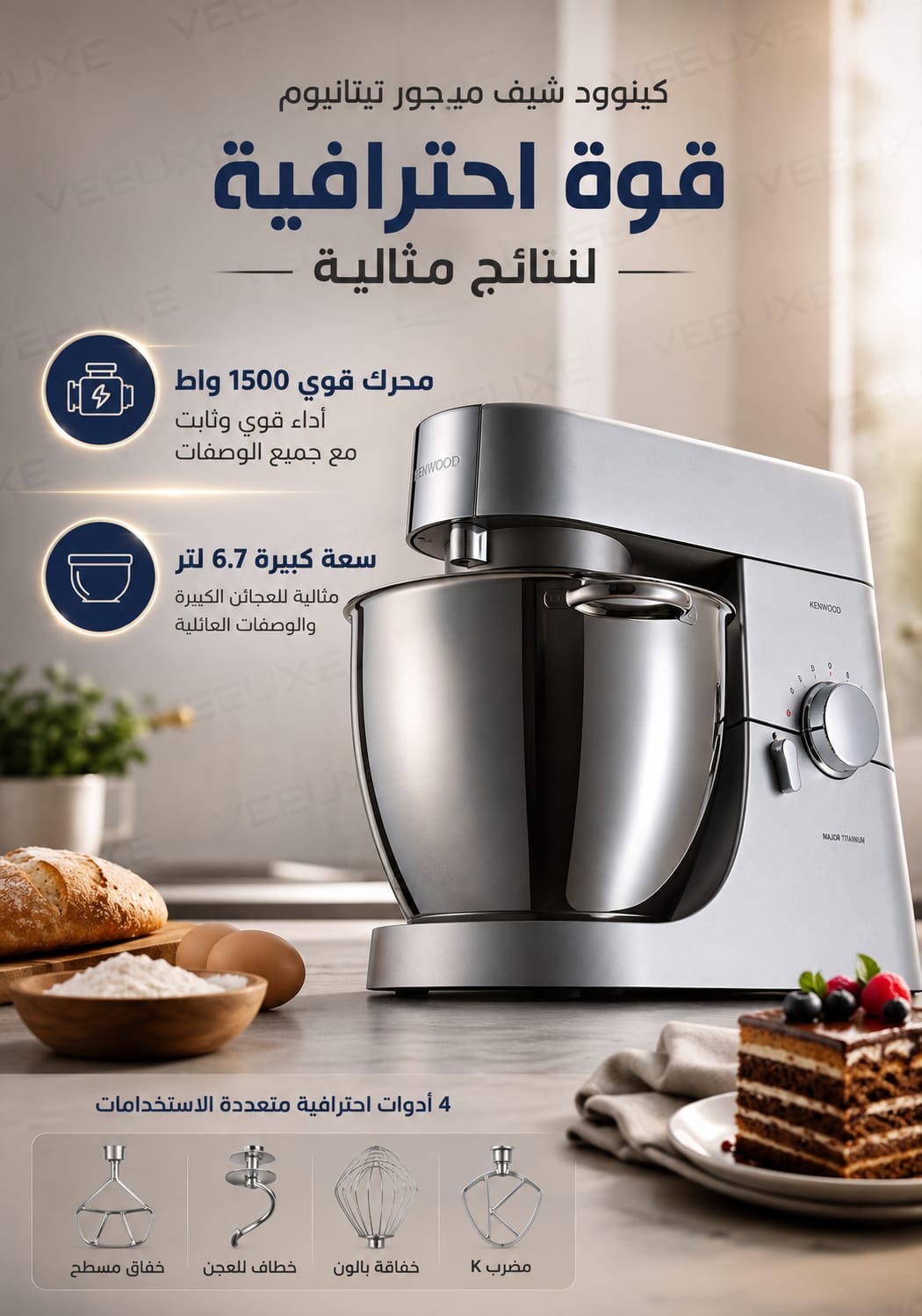 ⁦عجانة مطبخ احترافية بسعة 6.7 لتر مع خلاط ومحضرة طعام، 1500 واط Chef Major Titanium KM020 من كينوود⁩ - الصورة ⁦4⁩