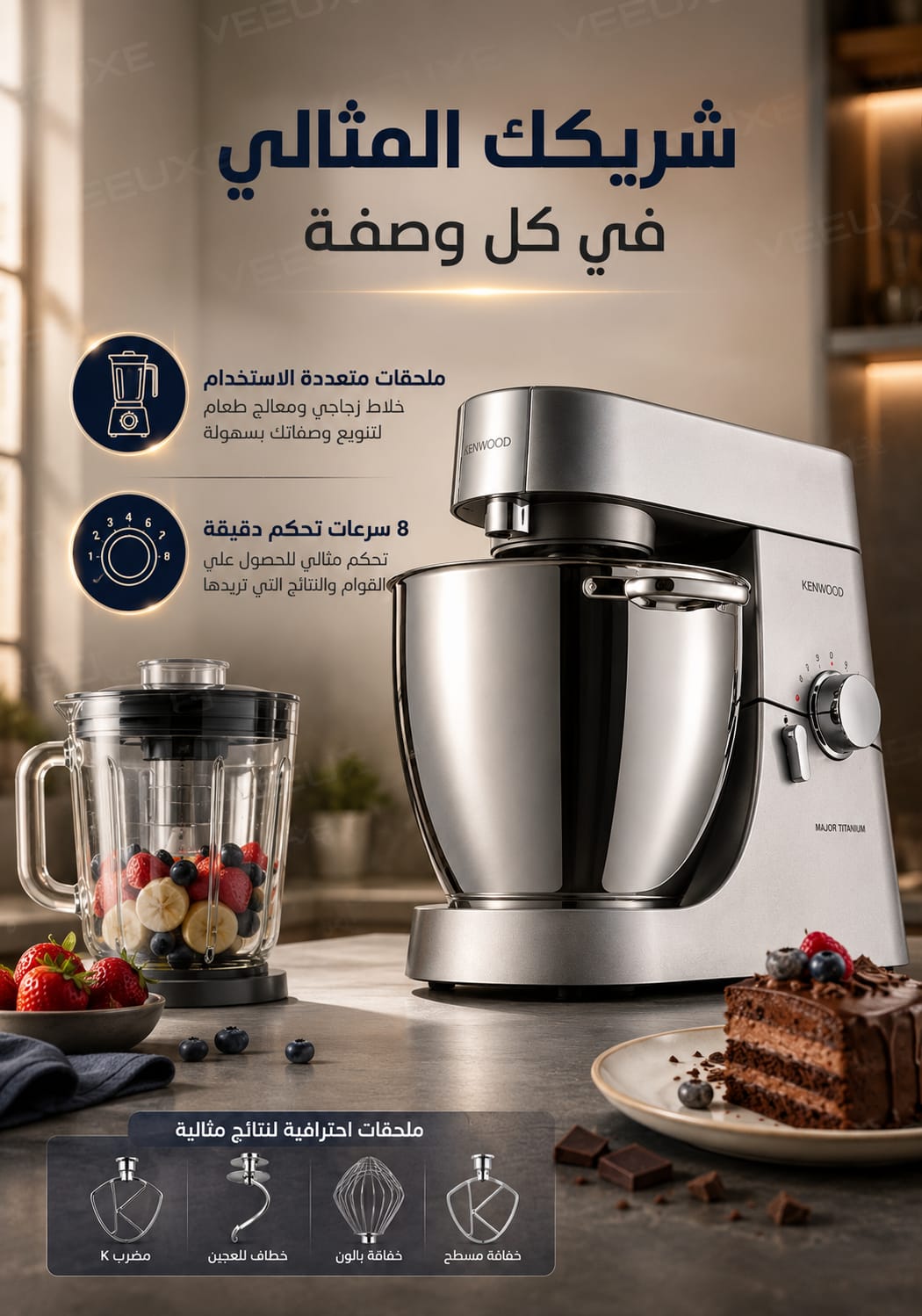 ⁦عجانة مطبخ احترافية بسعة 6.7 لتر مع خلاط ومحضرة طعام، 1500 واط Chef Major Titanium KM020 من كينوود⁩ - الصورة ⁦3⁩
