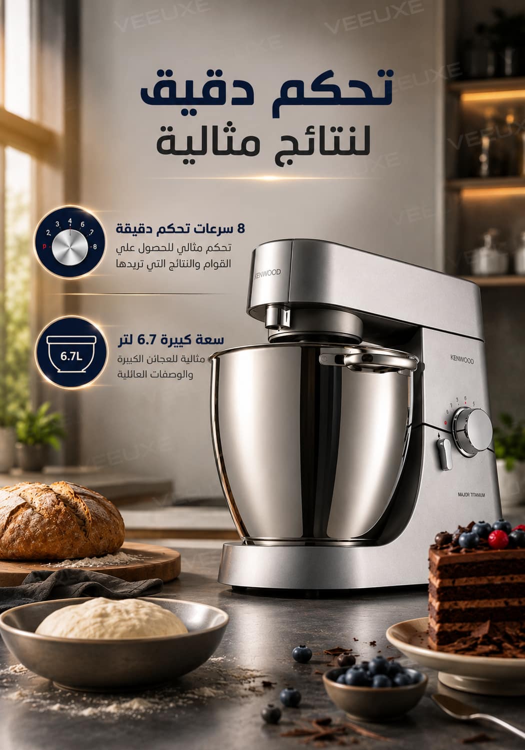 ⁦عجانة مطبخ احترافية بسعة 6.7 لتر مع خلاط ومحضرة طعام، 1500 واط Chef Major Titanium KM020 من كينوود⁩ - الصورة ⁦2⁩