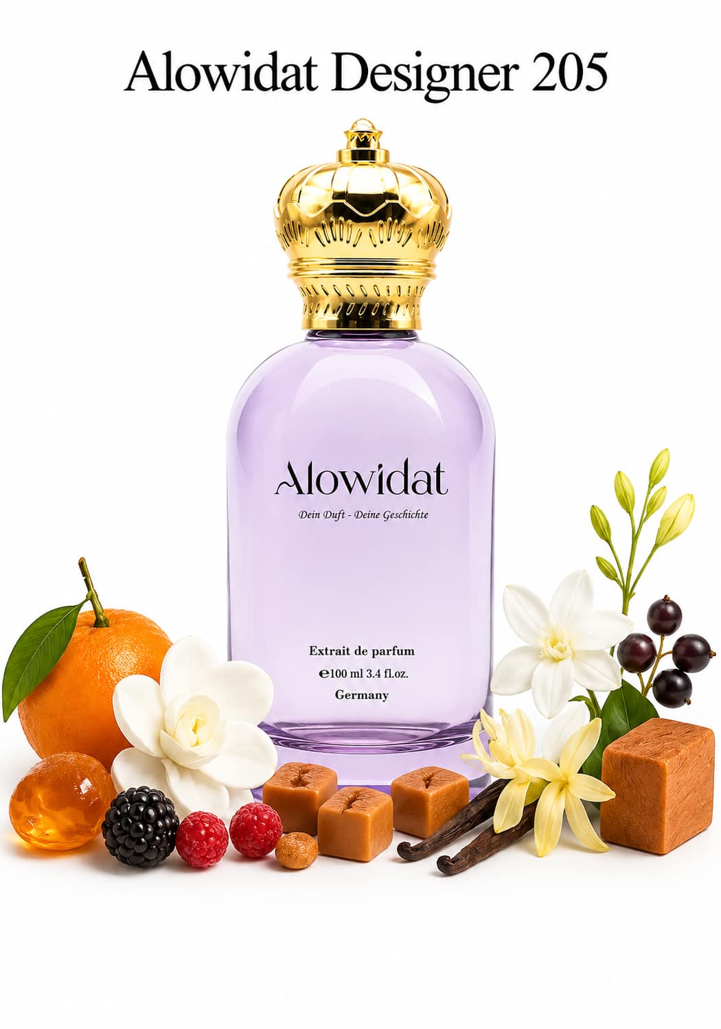 879bd4ea-2d96-4d4c-9568-8a275ba6d2d0 عطر نسائي Alowidat Designer 205 – فاكهي زهري بلمسة كراميل دافئة - الصورة 1