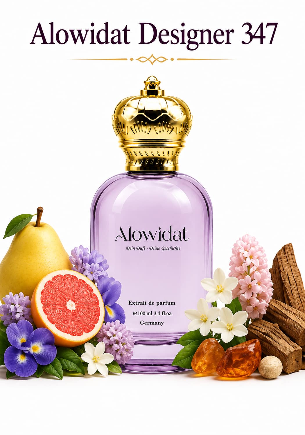 b3b68b8e-c64c-4480-b183-297c73bfc630 عطر نسائي Alowidat Designer 347 – فاكهي زهري بلمسة عنبرية خشبية - الصورة 1