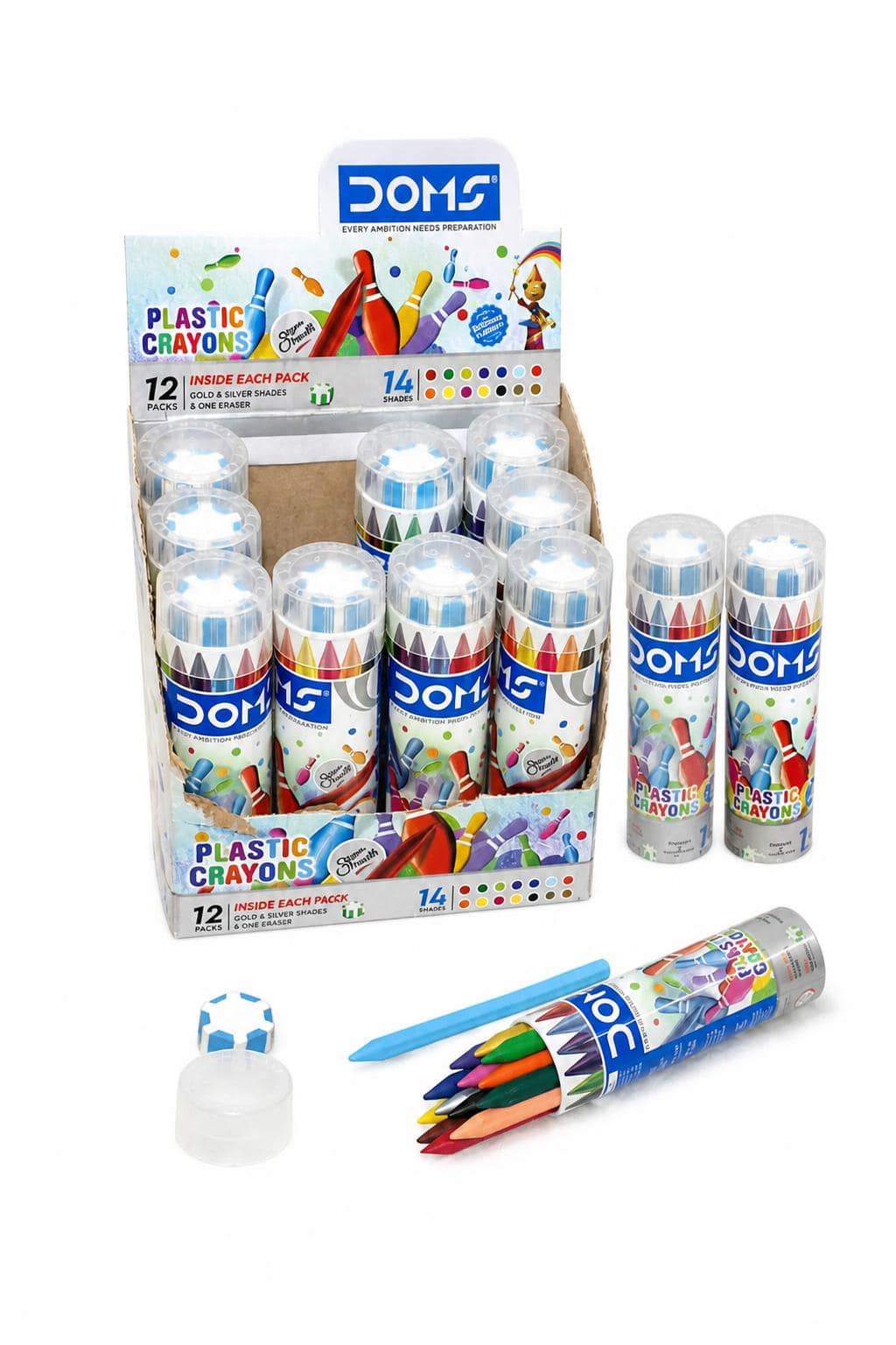 28882a0a-f257-4b20-9ec1-c9b4495f9b29.jpg ألوان شمع DOMS أسطوانية 14 لون مع ممحاة - موديل 1552 - الصورة 1