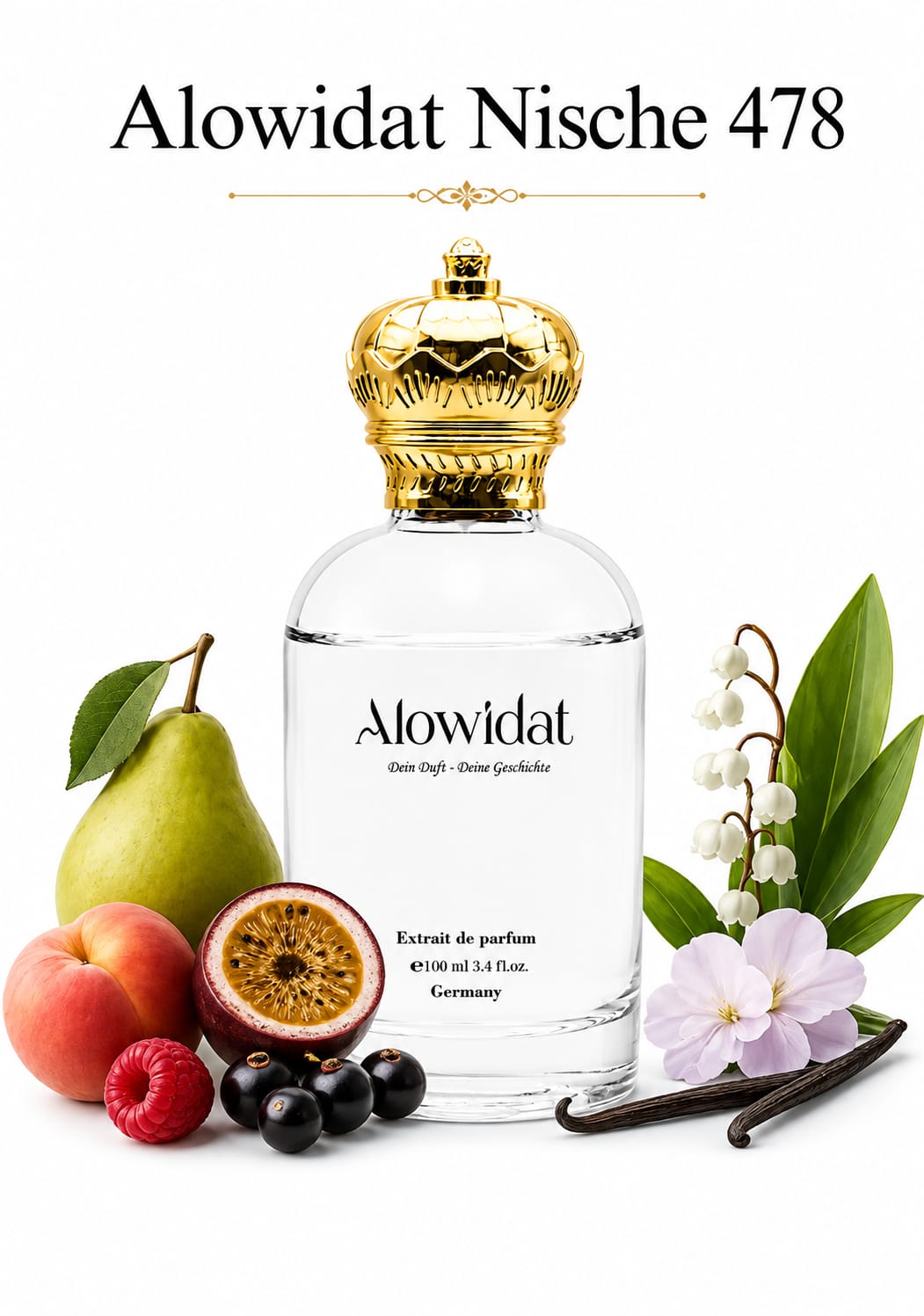 32d0259e-3809-4201-91cd-f1340535f83d عطر للجنسين Alowidat Nische 478 – فاكهي زهري بلمسة مسكية وفانيليا دافئة - الصورة 1